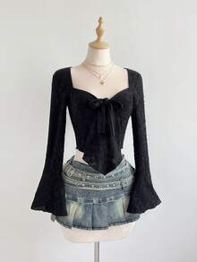 Elamini 女士长袖网眼T恤，心形领口，正面褶皱设计，带蝴蝶结领口