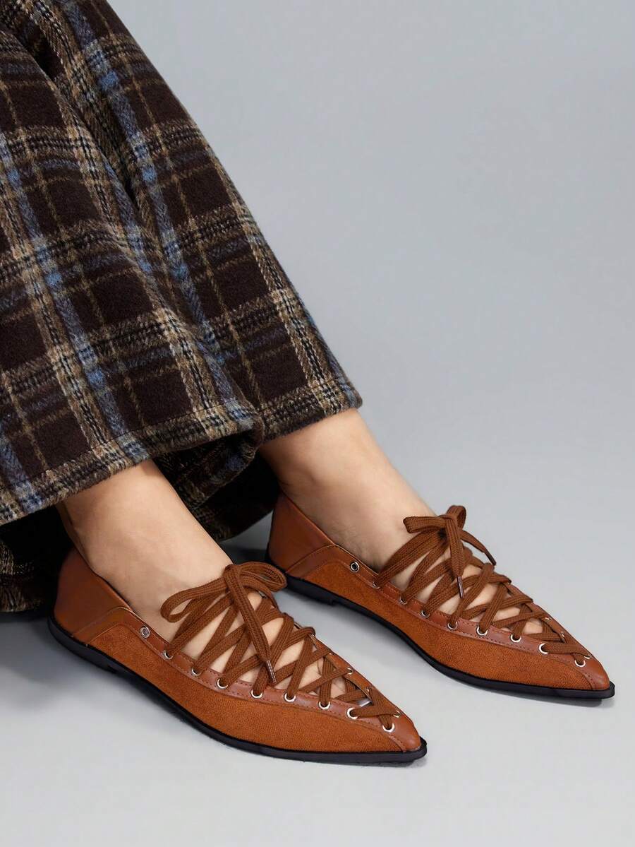 CUCCOO GRLICON Women's Pointed Toe Lace-Up Casual Fashionable Flat Shoes - Brown - View 1
