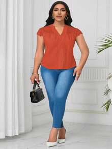 SHEIN Clasi Blouse texturée à col V en dentelle contrastée grande taille - Orange - Voir 4