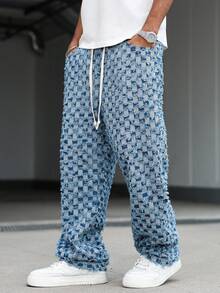 Manfinity EMRG American Checkered Denim Jeans With Fringe - Blue - View 1