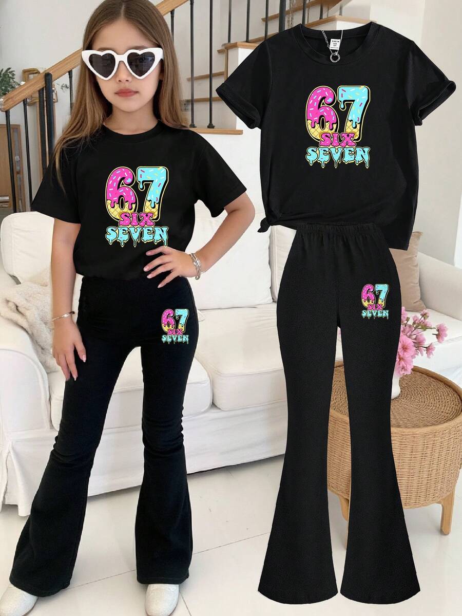Sparklyn 2pcs/Set Casual & Fashionable Girl's Round Neck Short Sleeve Top Paired With Flare Pants Set, Playful 67 Design, Comfortable Spring/Summer Outfit Suitable For Casual Wear, Outdoor Activities, School, Party And Gifts, All Seasons Girls Lounge Set Girl Two Piece Set Girl Sets Size 7 8y Girl Two Piece Set