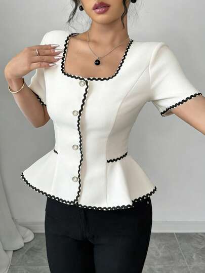 Selianne Women's Fashionable Elegant Contrast Color Trim Ruffle Hem Square Neck Blouse