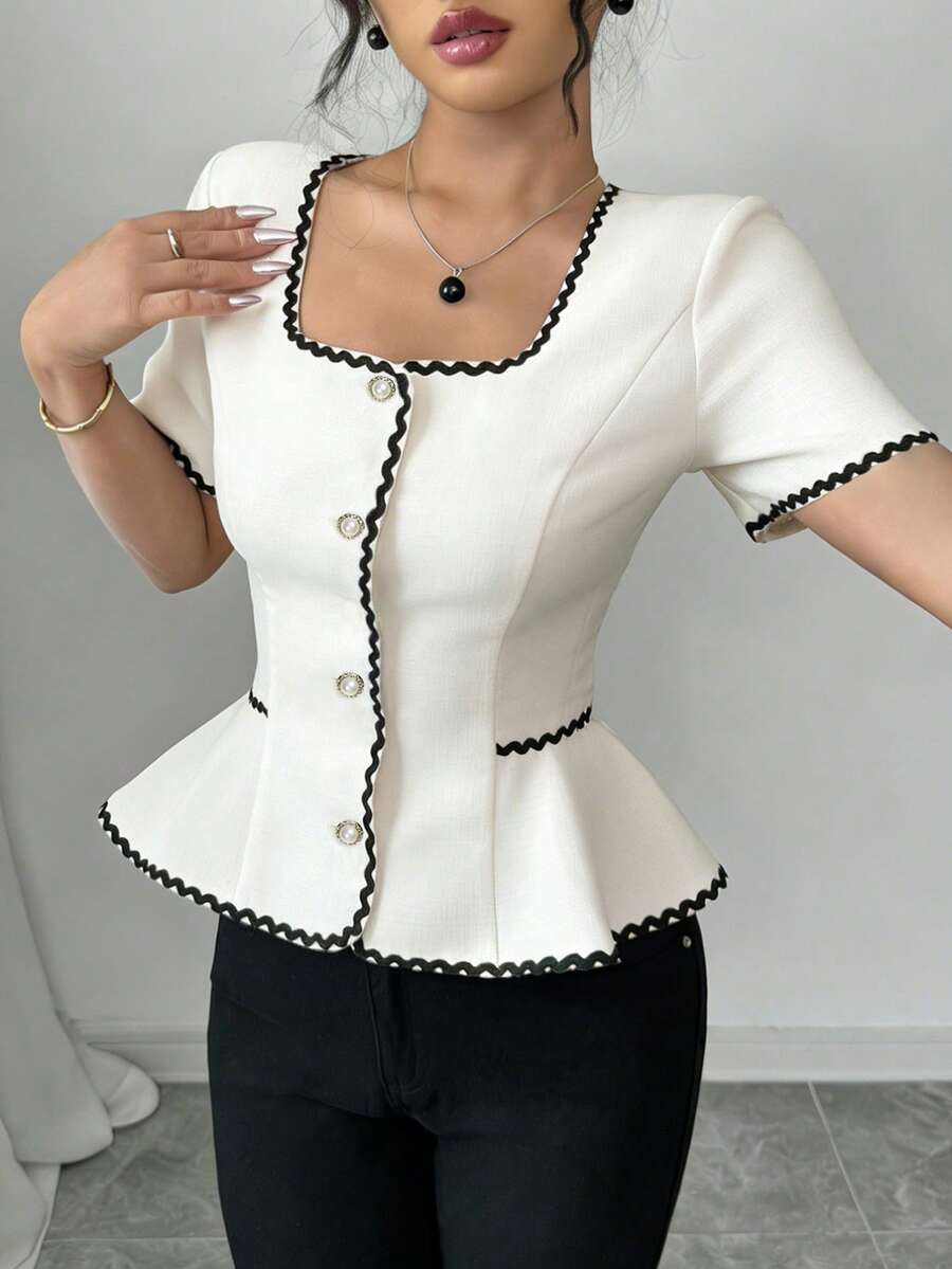 Selianne Women's Fashionable Elegant Contrast Color Trim Ruffle Hem Square Neck Blouse - White - View 1