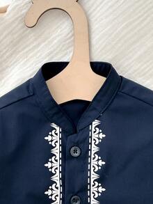 Cozy Pixies Baby Boy Traditional Pattern Mandarin Collar Long Sleeve Half-Placket Pullover Top Blue Shirt Baby Baby Arabic Clothing Baby Boy Suit Baby Navy Blue Kurta Suit For 2 Years Baby Navy Blue - Navy Blue - View 6