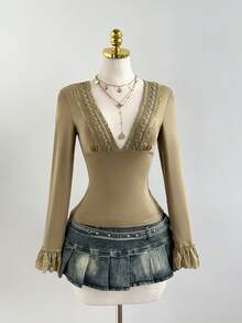 Elamini 1件复古性感修身长袖T恤，女款，深V蕾丝拼接，弹力面料，军绿色，通勤休闲两相宜 - 棕色 - 查看 7