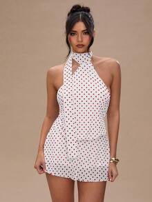SHEIN BAE Gaun Tanpa Lengan Motif Titik Bulat untuk Wanita - Red and White - View 7