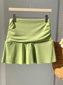 SHEIN x Carly Lawrence SHEIN EZwear Spring Break Solid Ruched Ruffle Hem White Skirt - Green - View 3