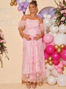 Loomaby Đầm dài trễ vai thời trang bà bầu cho tiệc mừng em bé sắp chào đời. - Hồng - Xem 4