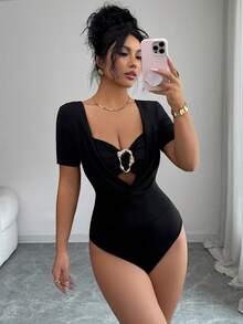 Body elegant pentru femei Elenzga, guler ascuțit, decor cu frânghie metalică, mânecă lungă, 2 în 1, negru - Negru - Vizualizare 6