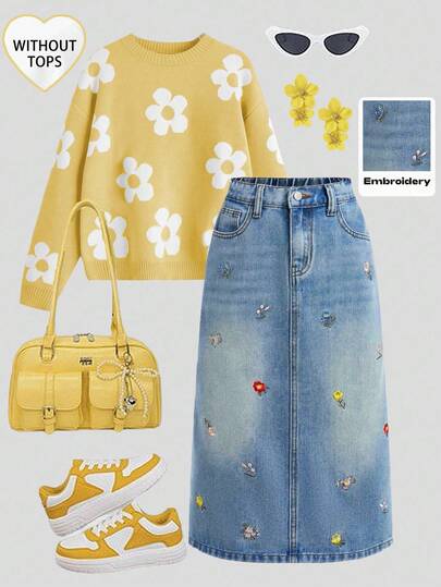 SHEIN Girlism Tween Girl Casual Vardags Tvättad Blommig Broderi Sneda Fickor Denim Minikjol