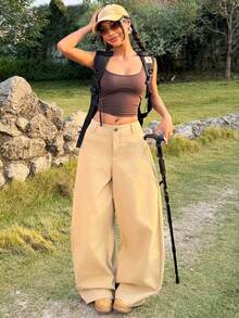 Muchica Women's Casual Khaki Wide Leg Pants For Going Out Outfits, Streetwear, Baggy Pants - Brown - View 5