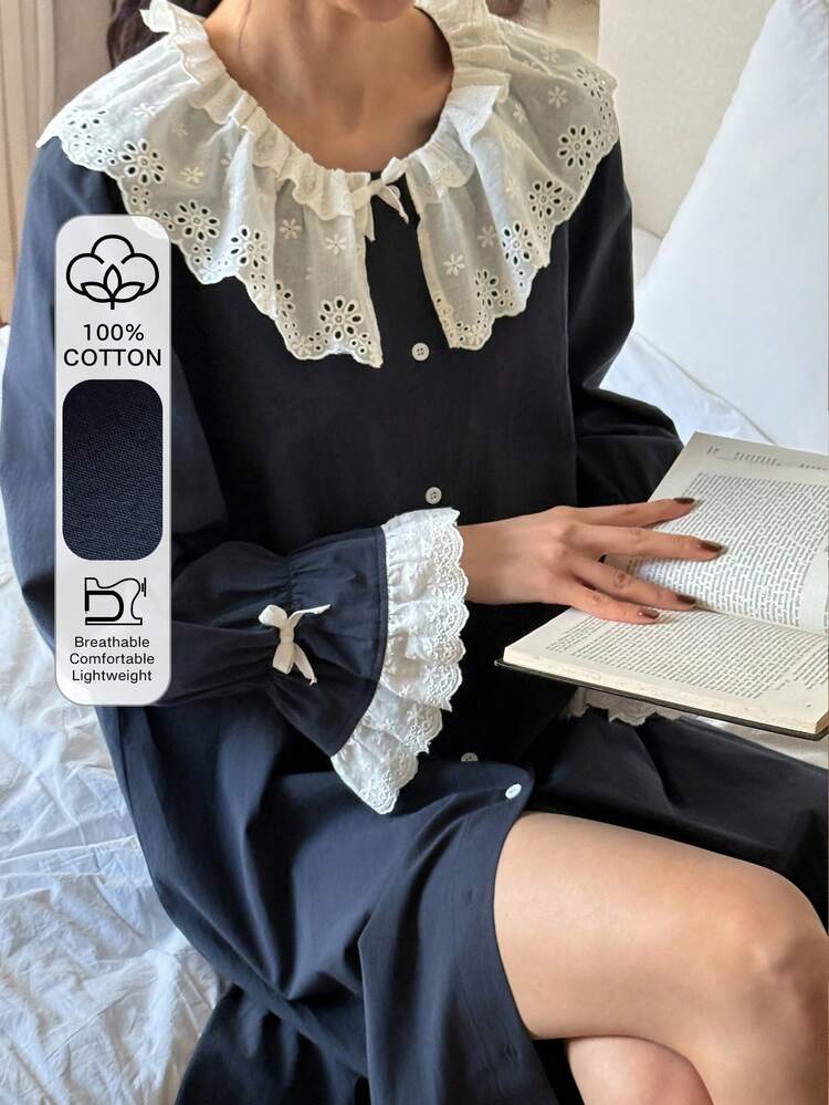 Sweet Contrast Color Ruffle Trim Loose Long Women Nightgown