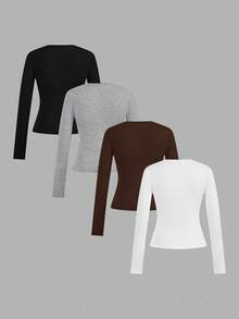 SHEIN EZwear 4pcs Women Crew Neck Casual Fitted Long Sleeve T-Shirt Set, Spring/Autumn/Winter Basics Tops Women Women Long Sleeve Tops Multi Pack Tops Carnival - Multicolor - View 2