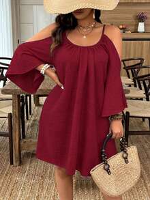 Weeklong Plus Size Round Neck Ruched Pleated Split Flare 3/4 Sleeve Casual A-Line Midi Dress - Burgundy - View 1