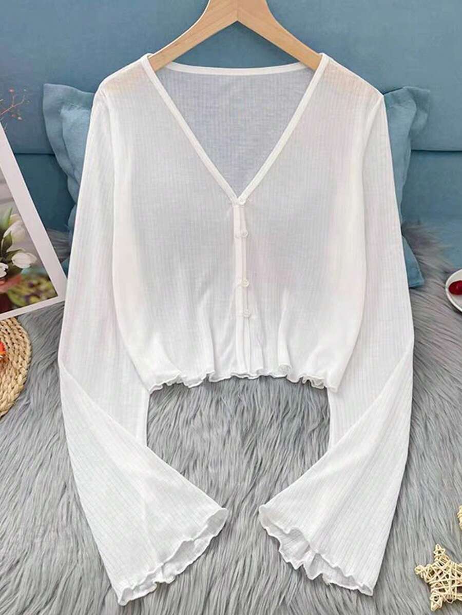 Resyla Nouveau cardigan chemise pour femmes, style léger d'été avec poignets retroussés - Blanc - Voir 1