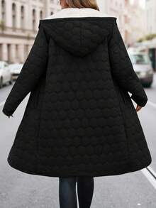 SHEIN Clasi Áo khoác dài nữ có lớp lót, thiết kế cổ điển đa năng với mũ trùm đầu, thích hợp cho mùa đông. - màu đen - Xem 2