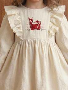 Blossori Young Girls' French Elegant Deer Embroidery Ruffle Trim Round Neck Long Sleeve Dress - White - View 3