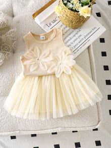 SHEIN 2pcs/Set Baby Girl Spring&Summer Elegant Style Flower Decoration Sleeveless Top&Wesh Short Skirt