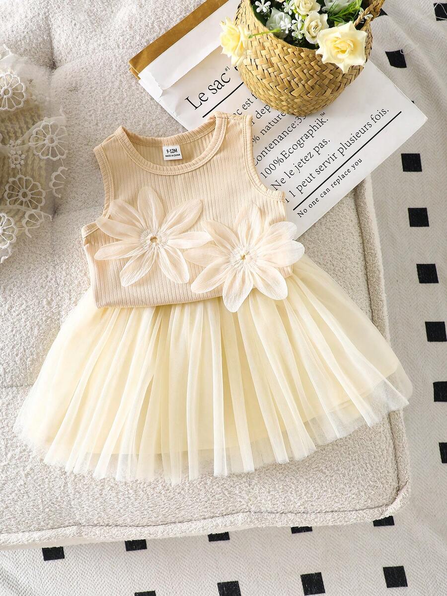 SHEIN 2pcs/Set Baby Girl Spring&Summer Elegant Style Flower Decoration Sleeveless Top&Wesh Short Skirt
