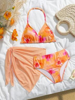 SHEIN Tween Girls 3-Piece Bikini Set, Cute Ditsy Floral Halter Bra Top & Ruffle Skirt Swimsuit, Orange, Suitable For Swimming, Beach, Pool, Summer Summer Vacation Thermal Christmas Holiday Festival New Years Valentines Swim