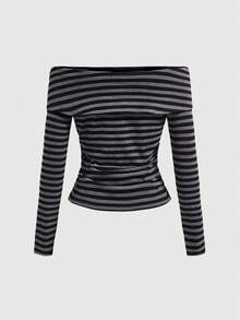 ROMWE Y2K Sexy Draped Neck Loose Studded Music Note Design Long Sleeve Striped T-Shirt For Women (2-Way Wear, Can Be Worn Cowl Neck) - Black - View 2