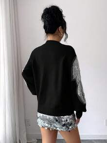 Xyvia 女士优雅高领刺绣亮片拼接袖纯色长袖毛衣，秋冬款 - 黑色 - 查看 2
