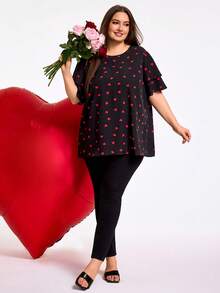 SHEIN CURVE+ Áo kiểu nữ cỡ lớn CURVE PLUS /Ngày Valentine/Áo kiểu cổ tròn in hình trái tim, viền bèo nhún - màu đen - Xem 6