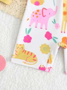 SHEIN 女童可爱动物园印花长袖连体泳衣，防晒，夏季 - 黃色 - 查看 4