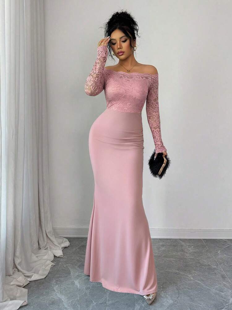 Elenzga Lace Trim Sheer Long Sleeve Black Dress, Elegant Fitted Mermaid Hem Knit Bodycon Dress For Commute, Autumn/Winter - Pink - View 3