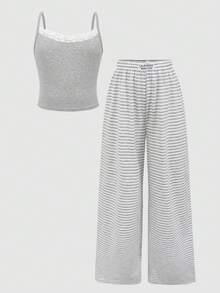 SHEIN Tween Girl Casual Homewear Fitted Lace Trim Camisole And Wide Leg Striped Knit Pants Set, Heather Gray - Grey - View 2