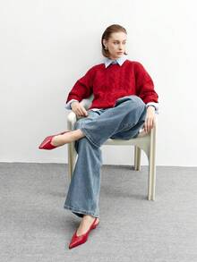 CUCCOO BIZCHIC 简约纯色尖头露跟女式高跟鞋，通勤休闲两相宜 - 紅色 - 查看 2