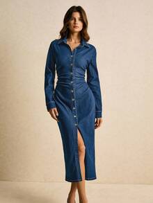 Poéselle Women's Autumn Long Sleeve Pleated Single-Breasted Casual Denim Shirt Dress Denim Midi Dress Long Sleeve Denim Dress Jean Dress For Women Button Down Denim Dress Jean Dresses For Women Curve Jean Dress Winter Fall Winter Dress Women Christmas New Year Dressparty Dress Long Party Dress Casual Long Dress - Medium Wash - View 3
