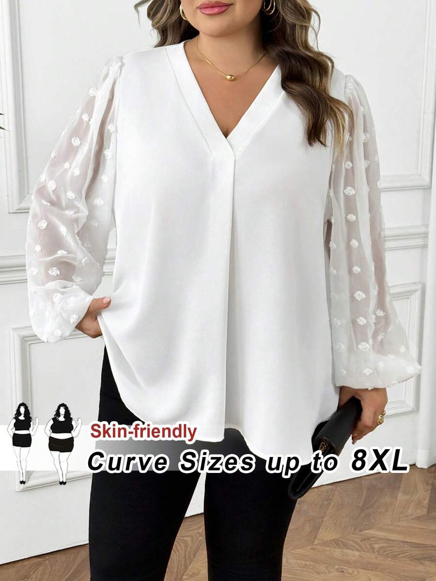 SHEIN CURVE+ 大码夏季休闲/工作透视瑞士圆点拼接灯笼袖衬衫