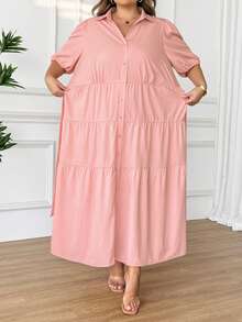 SHEIN CURVE+ Đầm maxi dáng chữ A tay ngắn màu trơn cho nữ cỡ lớn năm 2025, phối bèo nhún, thích hợp cho mùa xuân, dành cho người có thân hình đầy đặn, kiểu dáng Hoho Vacation. - Hồng - Xem 3