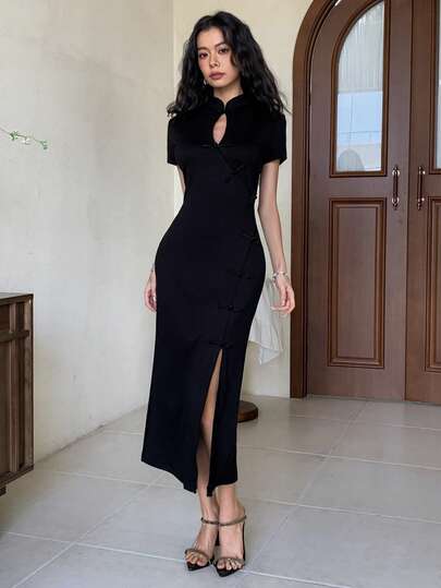 EastFlair 女士纯色纽扣设计短袖侧开衩下摆优雅中长连衣裙