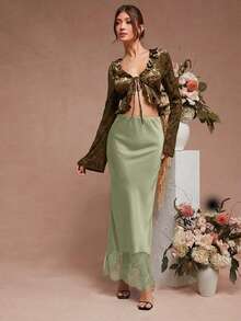 L'Amorae Women's Solid Color High Waist Contrast Lace Elegant Pencil Skirt - Mint Green - View 5