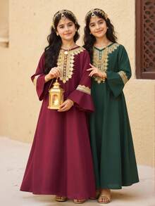 Women & Teenage Girls' Robe: Burgundy Base With Golden Lace Embroidery, V-Neck + Flare Sleeves, Elegant & Vintage, Suitable For Traditional Arab Clothing, Abaya, Ramadan Family Gatherings - Red - View 6