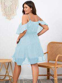 Flouryn Plus Size Women Solid Color Ruffle Trim Off Shoulder Fashionable Dress - Baby Blue - View 2