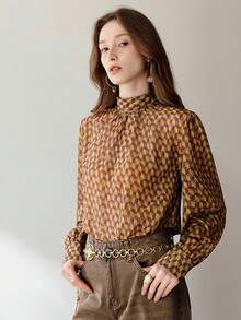 Frievida 欧美风高领褶裥系带长袖女式衬衫 - 彩色 - 查看 4