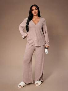 Lazeform 柔软罗纹针织荷叶边前襟纽扣装饰浪漫优雅家居服休闲加大码睡衣套装 - 粉色 - 查看 3