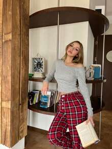 ZzzCrew 两件套女士性感不对称肩长袖上衣和直筒裤睡衣套装，休闲家居服 - 彩色 - 查看 4