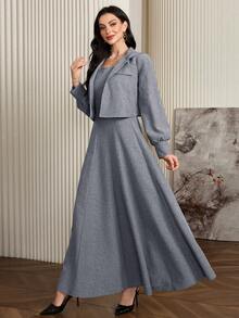 Modelyn 2件組女款純色長袖極簡夾克與寬肩帶休閒洋裝套裝 - 藏蓝色 - 查看 5