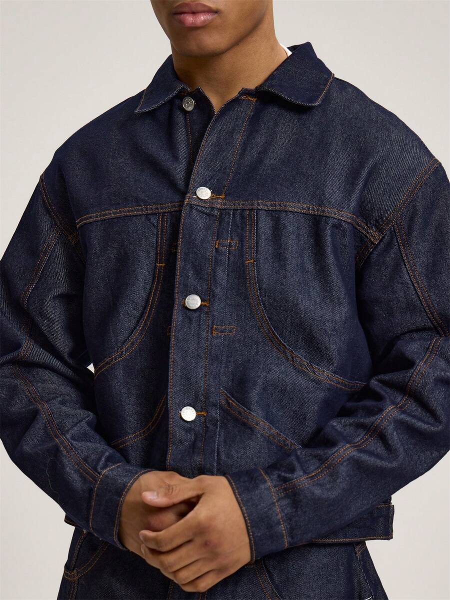 Musero Long Sleeve Button Through Collared Denim Jacket Seam And Layered Effect Detailing Dropped Shoulder Raw Japanese Style Denim Shacket Jean Top Autumn Winter Essentials Layering Streetwear - Dark Wash - View 1