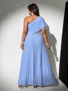 Viva Relle Plus Size Women's Romantic Elegant Luxurious Party/Wedding Dress With Asymmetric Shoulder Cape Sleeves, Spring/Summer - Blue - View 3