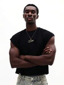 SUMWON Men's Casual Loose Fit Printed Tank Top With Stylish "Paris" Script Gold Chain Neckline Summer Sleeveless Muscle Tee - Black - View 3