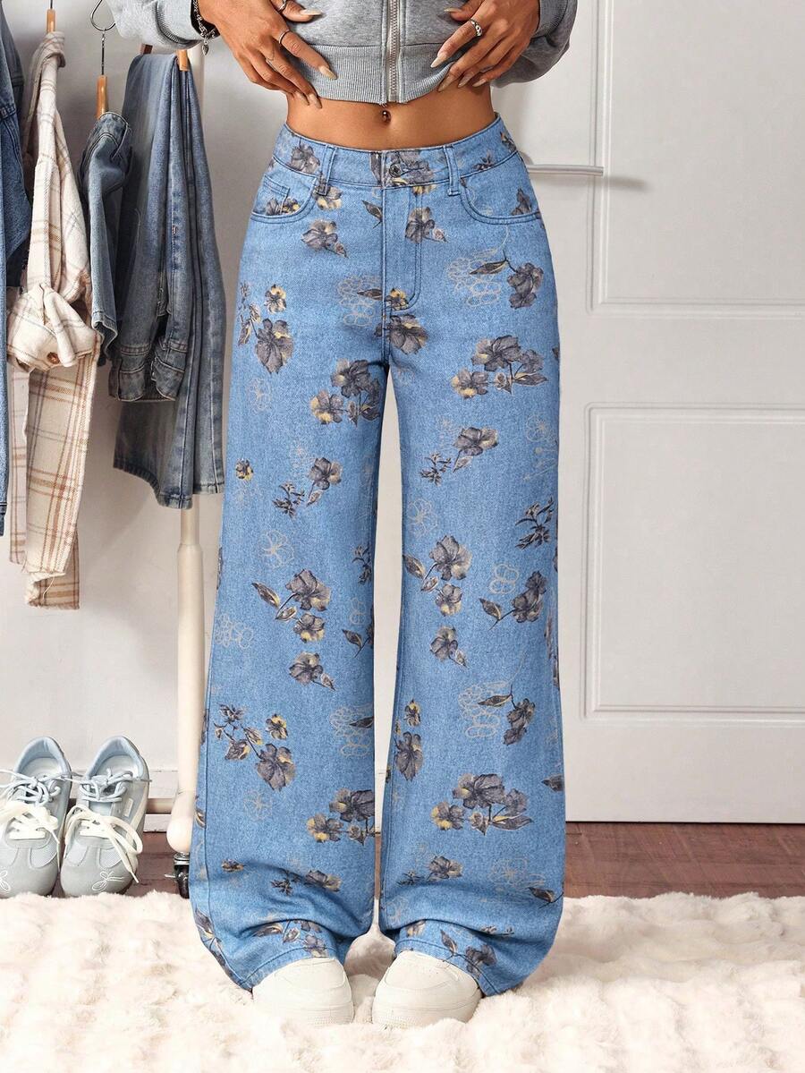SHEIN Tall Calça jeans feminina casual de pernas largas, com estampa floral por toda a peça, ideal para férias e deslocamentos diários. Cintura baixa. - Azul - Ver 1