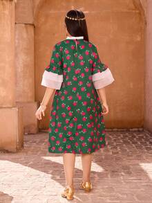 少女碎花印花喇叭袖纽扣设计连衣裙 - 綠色 - 查看 6