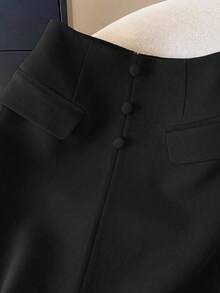 GlowEve 女士收腰A字直筒半身裙，前开衩设计，仿翻盖口袋，优雅职业风，适合职场、教师、独立日等场合，中长款 - 黑色 - 查看 3
