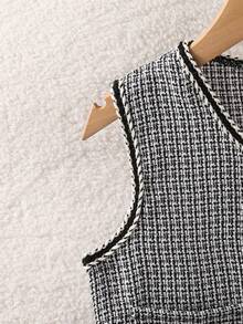 SHEIN 优雅无袖蝴蝶结开衫上衣和百褶裙套装，适合少女夏季 - 黑與白 - 查看 5