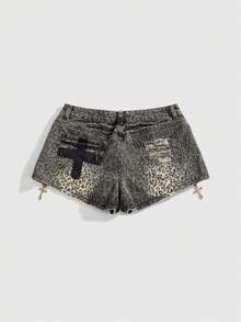 ROMWE J-Fashion Y2K Baddie Leopard Print Metallic Rhinestone Colorblock Zipper Decor Distressed Super Low-Rise Mini Denim Shorts - Multicolor - View 2